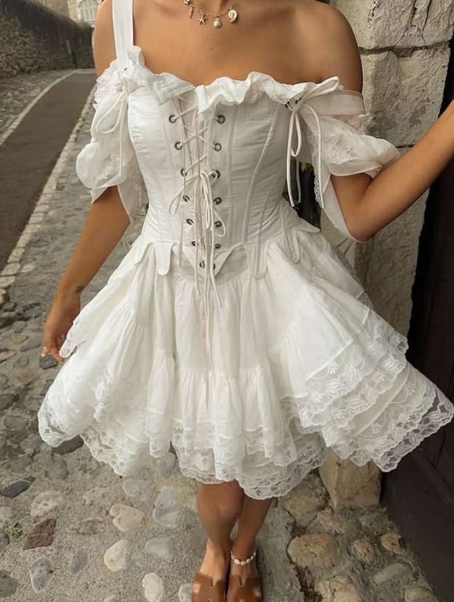 Cute A Line Straps Corset White Lace Satin Cocktail Dress Homecoming Dress SH6155