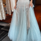 Romantic Blue A Line Strapless Sequin Tulle Long Prom Dress Gown Dress SH3582