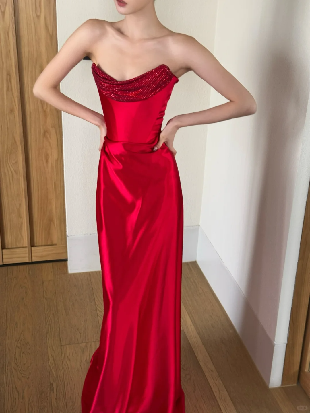 Elegant A Line Strapless Red Charming Satin Prom Dress Party Dress SH4736