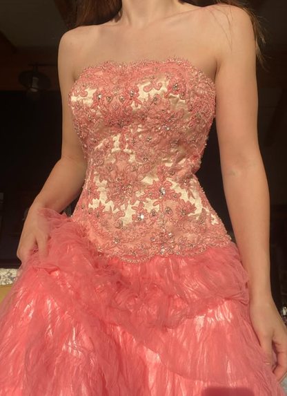Retro Grapefruit Powder Strapless Lace Appliques Tulle Prom Dress Evening Dress SH5918