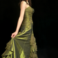 Vintage Green Mermaid Strapless Appliques Floral Satin Long Prom Dress SH5424