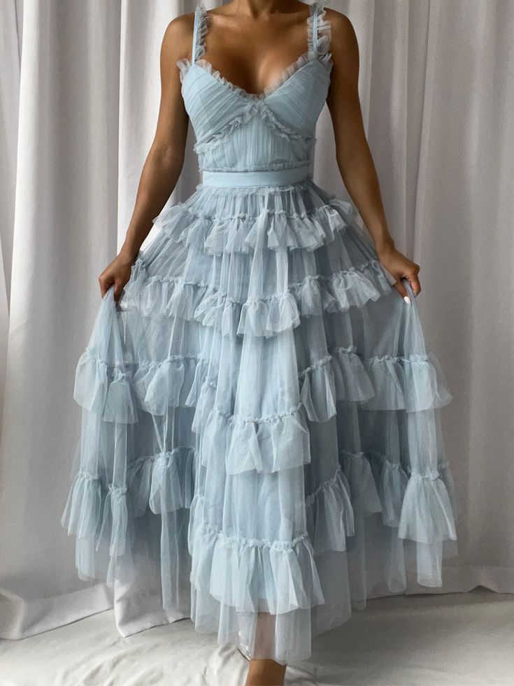 Elegant Blue Tulle Layers Long Prom Dress SH1330