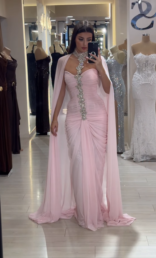 Light Pink Sheath Halter Rhinestone Pleated Chiffon Long Prom Dress Evening Dress SH4799