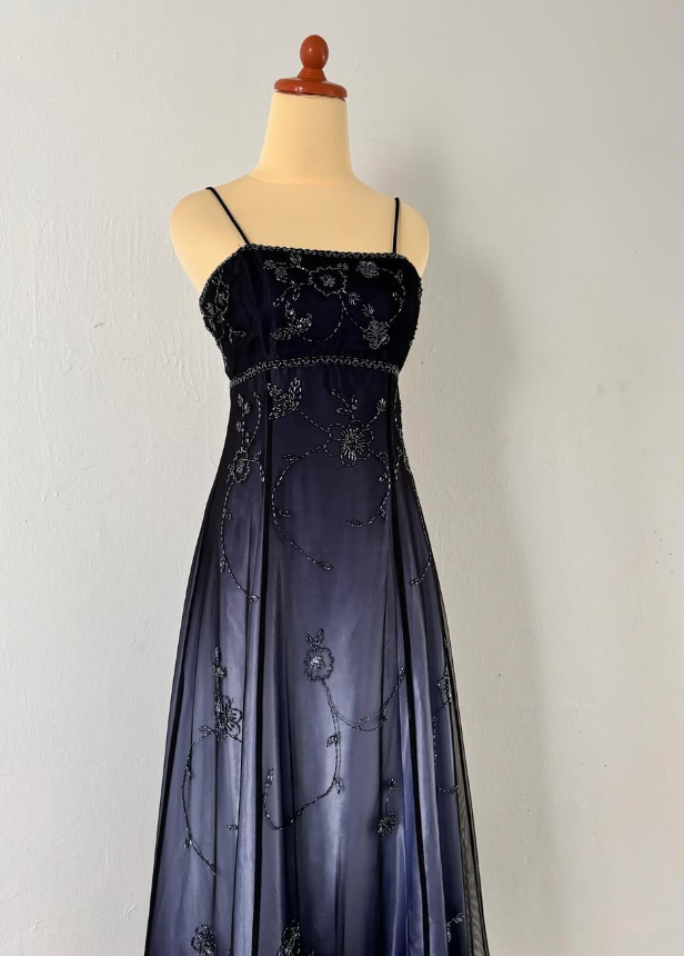 Vintage A Line Spaghetti Straps Beads Tulle Satin Long Formal Dress Prom Dress SH1829