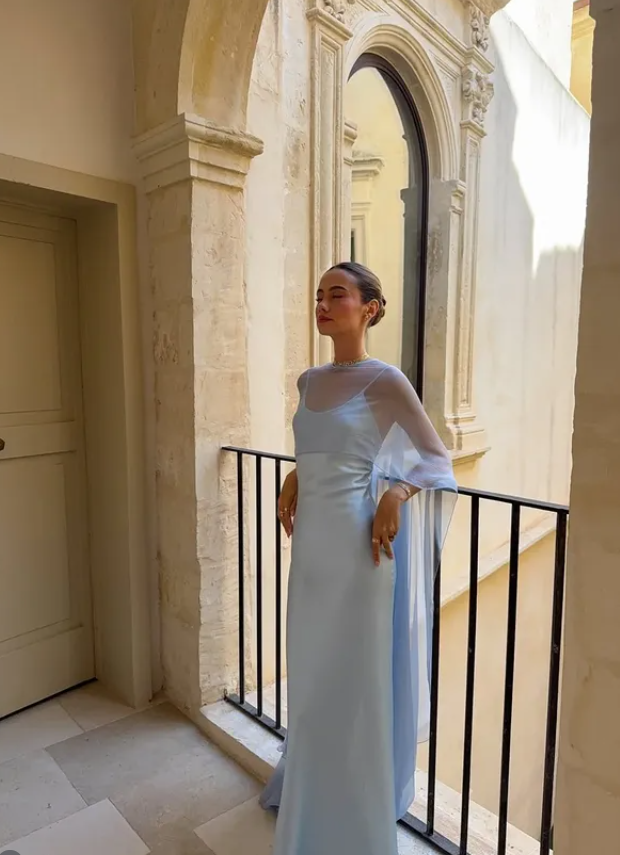 Baby Blue Elegant Sheath Spaghetti Strap Satin Chiffon Prom Dress Wedding Guest Dress SH5321