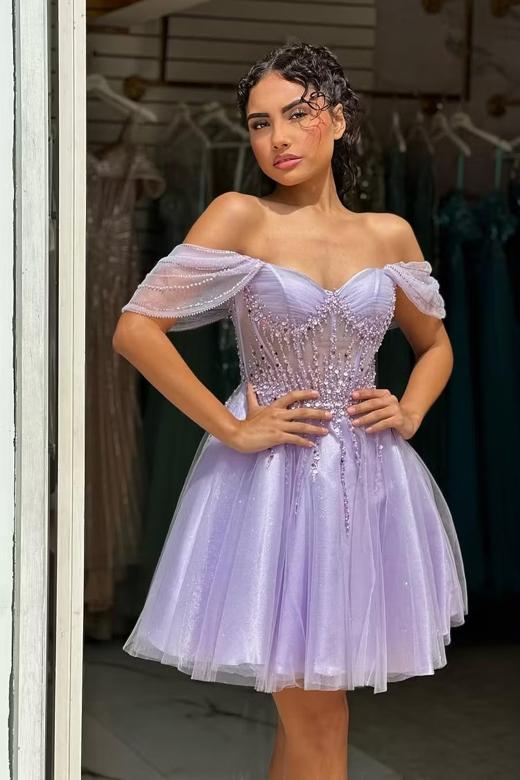 Stunning Lilac Sequins Strapless Short A Line Prom Dress with Beadings SH7513