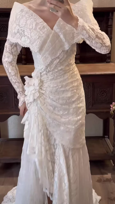 Vintage Mermaid Long Sleeve White Lace Long Prom Dress Wedding Dress SH5159