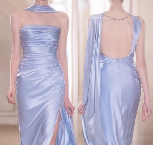 Elegant Sheath Beaded Lilac Satin Open Back Prom Dress Party Dress SH4078