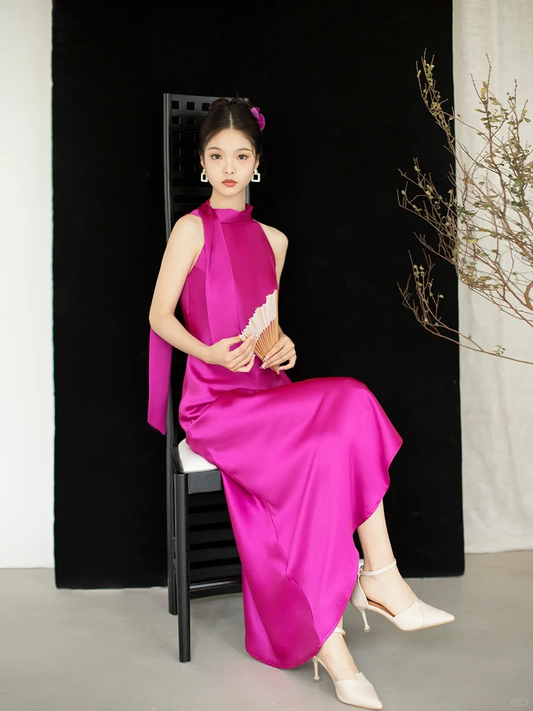 Simple Bright Pink A Line Spaghetti Strap Satin Prom Dress Evening Dress SH4211