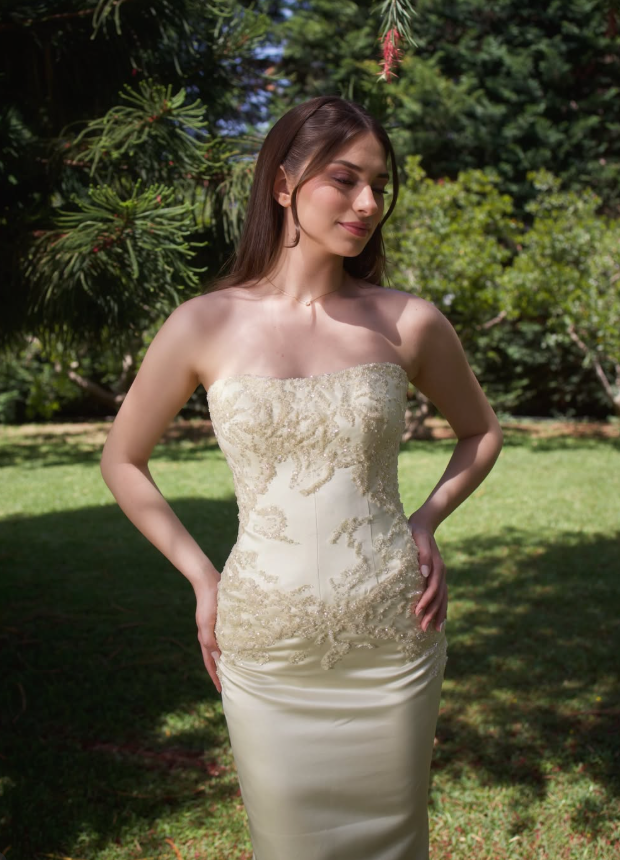 Stunning Yellow Sheath Strapless Beaded Satin Prom Dress Evening Dress SH6529