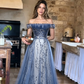 Stunning Blue Tulle Off Shoulder A Line Long Prom Dress, Evening Dress With Sleeve KS7424