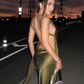 Sexy Olive Green Sheath Straps Satin Open Back Long Wedding Guest Dress Party Dress SH3310