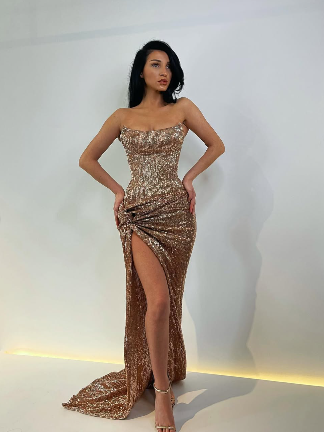 Shiny Dark Champagne Sheath Strapless Sequin Prom Dress Evening Dress with Slit SH6123