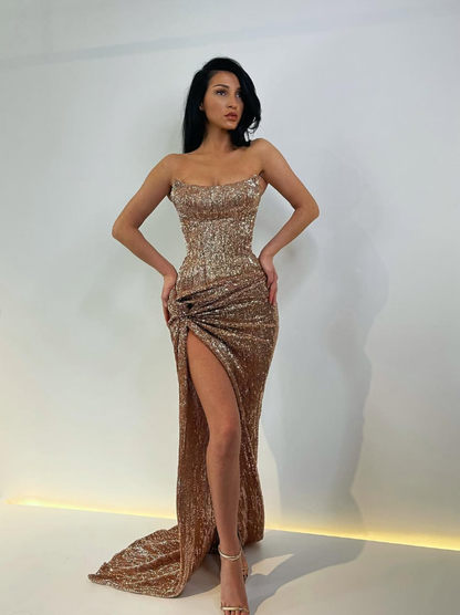 Shiny Dark Champagne Sheath Strapless Sequin Prom Dress Evening Dress with Slit SH6123