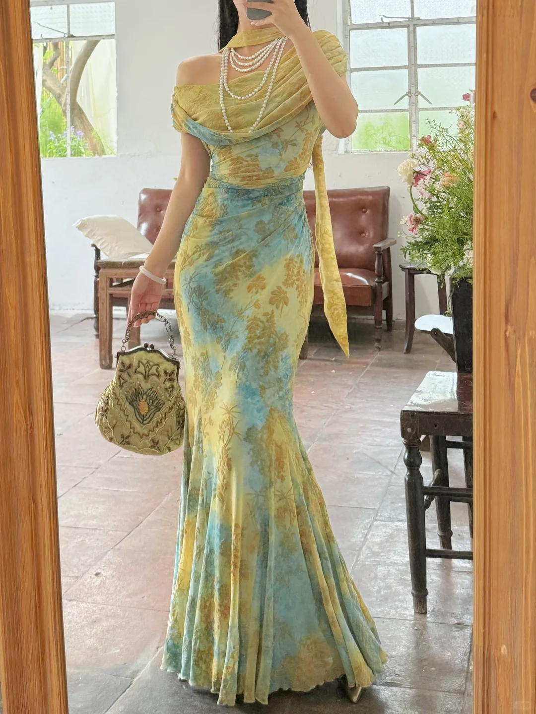 Unique Blue-green Ombre Mermaid Print Floral Chiffon Prom Dress Evening Dress SH6768