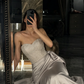 Grey Mermaid Strapless Beaded Satin Long Prom Dress Evening Dress SH7304