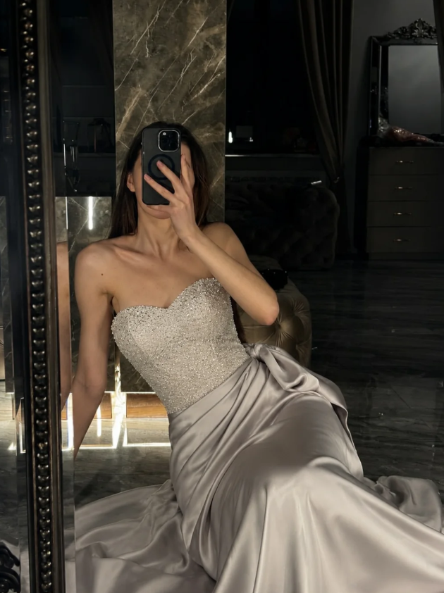 Grey Mermaid Strapless Beaded Satin Long Prom Dress Evening Dress SH7304
