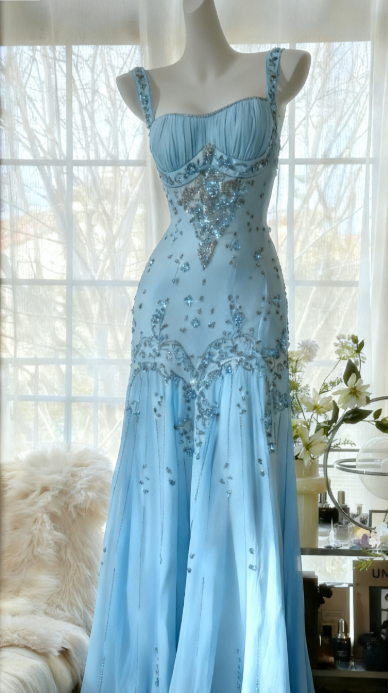 Ivory A Line Straps Beaded Chiffon Long Prom Dress Graduation Prom Dress SH2562