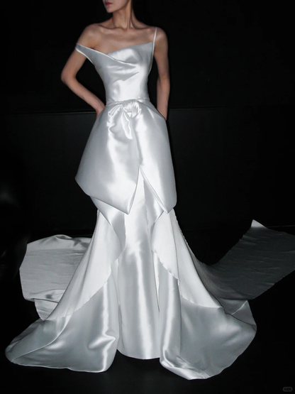 Stylish Mermaid Spaghetti Strap White Layered Satin Long Train Wedding Dress SH8900