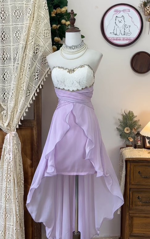 Vintage A Line Sweetheart Neck Beaded White Lace Purple Chiffon Homeco shinydress Vintage A Line Sweetheart Neck Beaded White Lace Purple Chiffon Homeco shinydress