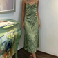 Green Vintage Printed Satin Party Dress Midi Length Formal Prom Dress  SH1246