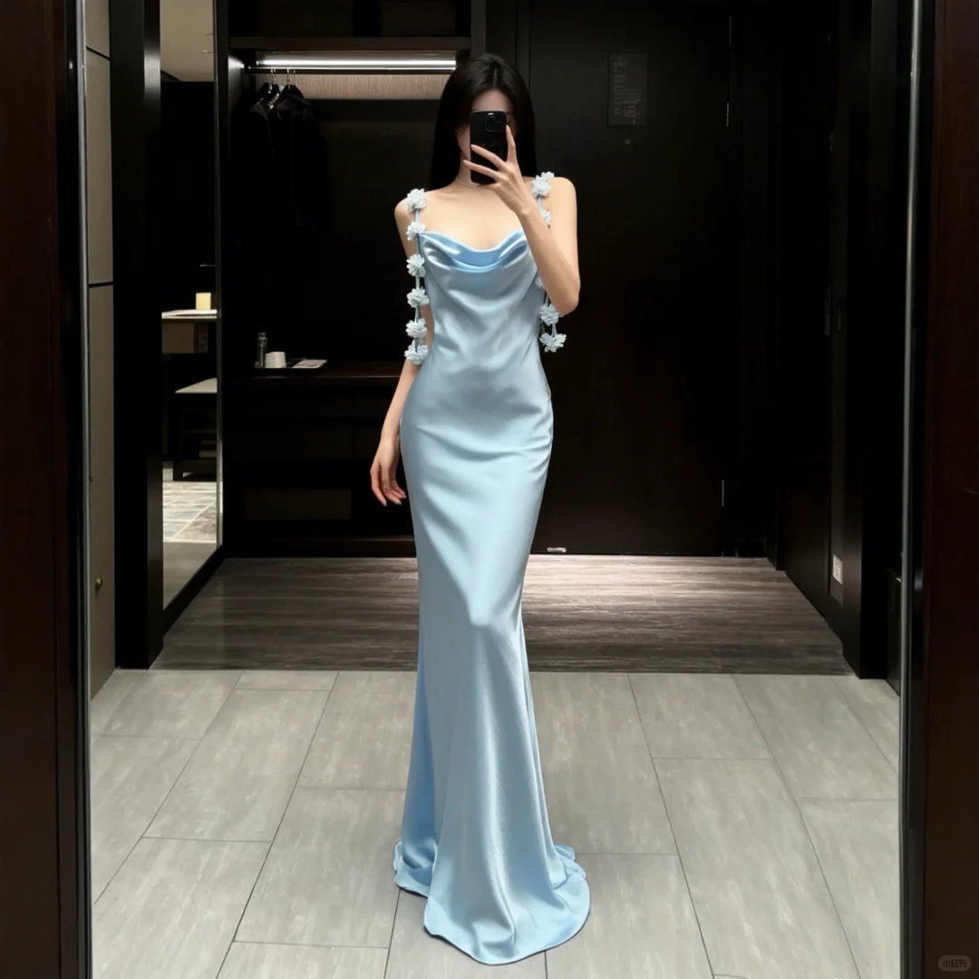Gentle Blue Mermaid Spaghetti Strap Floral Satin Long Prom Dress Evening Dress SH5106
