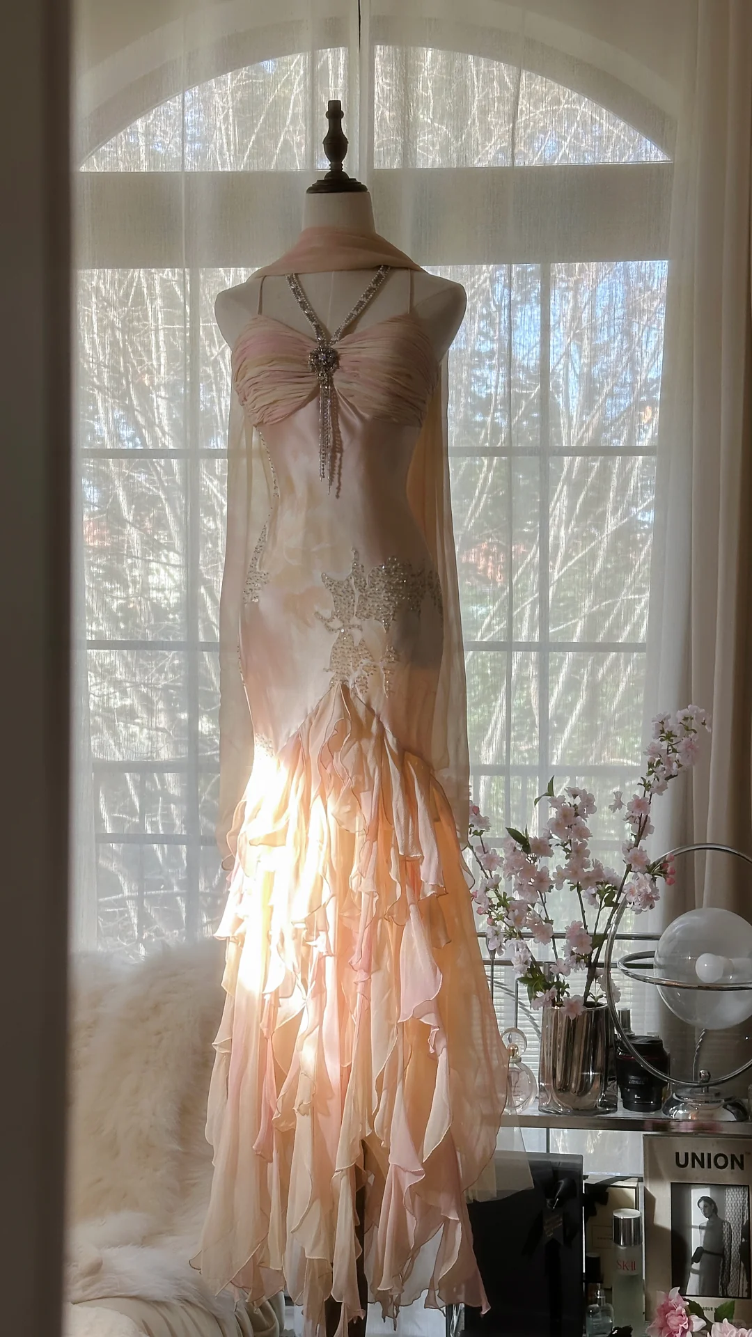 Fairy Mermaid Spaghetti Strap Beaded Ruffle Chiffon Long Prom Dress Evening Dress SH2981