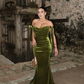 Elegant Mermaid Off the Shoulder Green Velvet Long Prom Dress Evening Dress SH2023