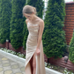 Champagne A Line Spaghetti Strap Pleated Satin Long Prom Dress Evening Dress SH7301