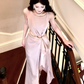 Light Pink A Line Straps Rhinestone Satin Prom Dress Evening Dress Formal Dress with Slit SH4085