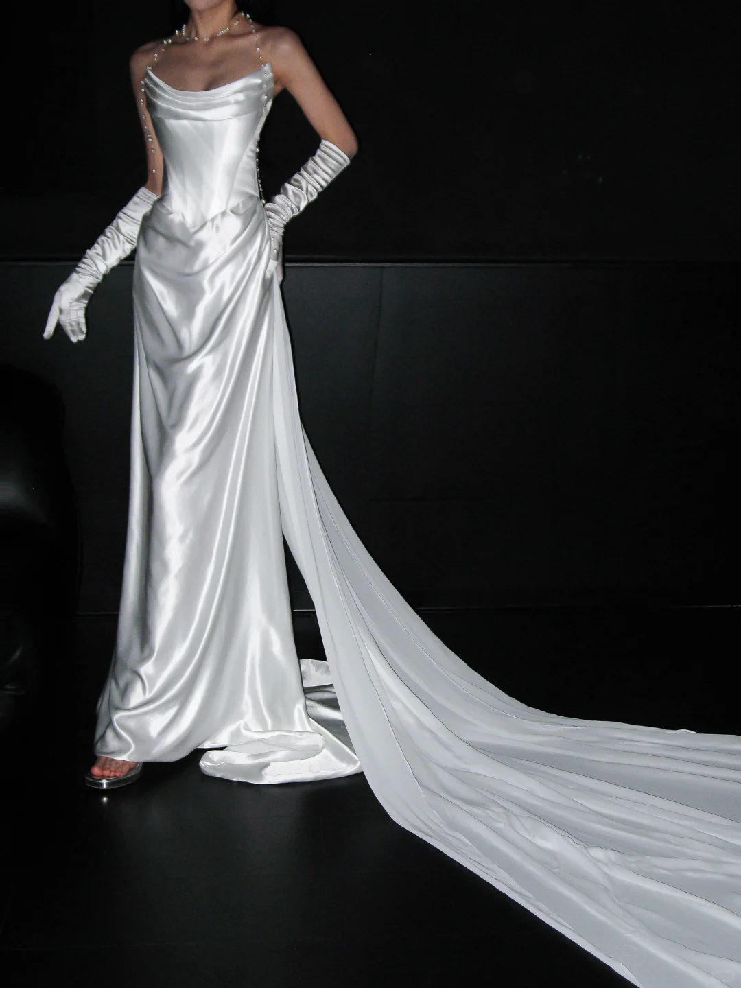 Chic Sheath Strapless White Corset Satin Long Wedding Dress SH8904