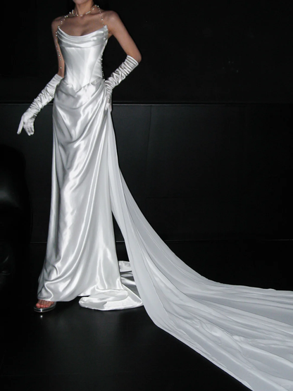 Chic Sheath Strapless White Corset Satin Long Wedding Dress SH8904