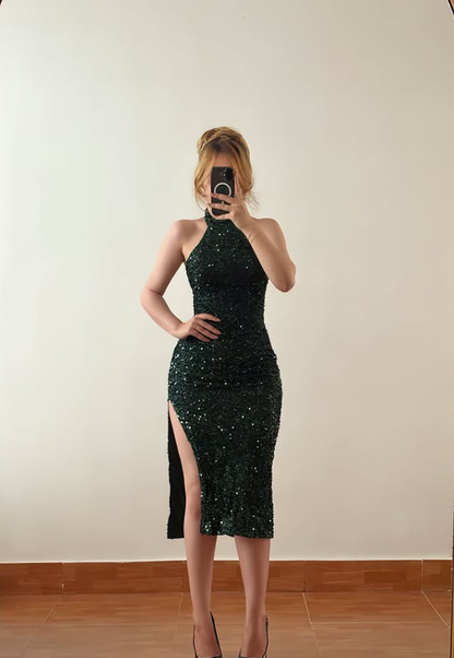 Emerald Sheath Halter Sequin Backless Prom Dress Evening Dress SH6866