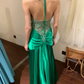 Vintage A Line Halter Pleated Beaded Sequin Emerald Satin Open Back Prom Dress Evening Dress SH2973