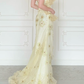 Pretty Mermaid Strapless Shiny Sequin Yellow Organza Slit Prom Dress Evening Dress SH6763