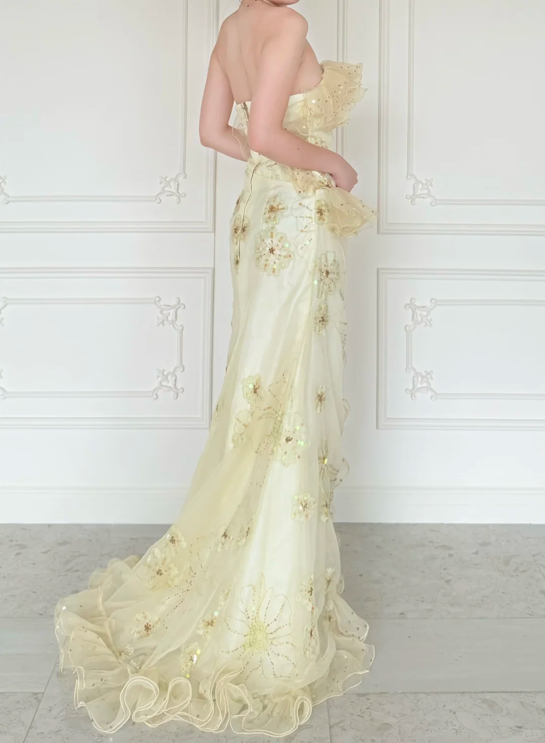 Pretty Mermaid Strapless Shiny Sequin Yellow Organza Slit Prom Dress Evening Dress SH6763