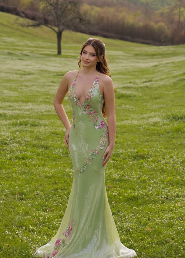 Dazzling Mermaid V Neck Appliques Green Sequin Prom Dress Evening Dress SH6332