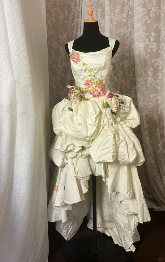 Vintage Embroidery Floral A Line Straps Layered Satin Homecoming Dress Cocktail Dress SH3710