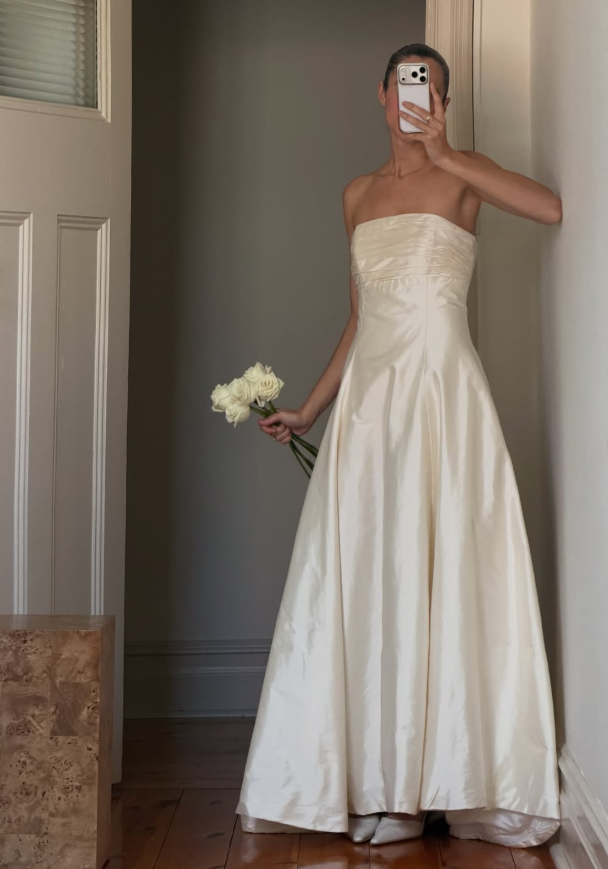 Vintage A Line Strapless Simple Ivory Satin Long Wedding Dress SH8476