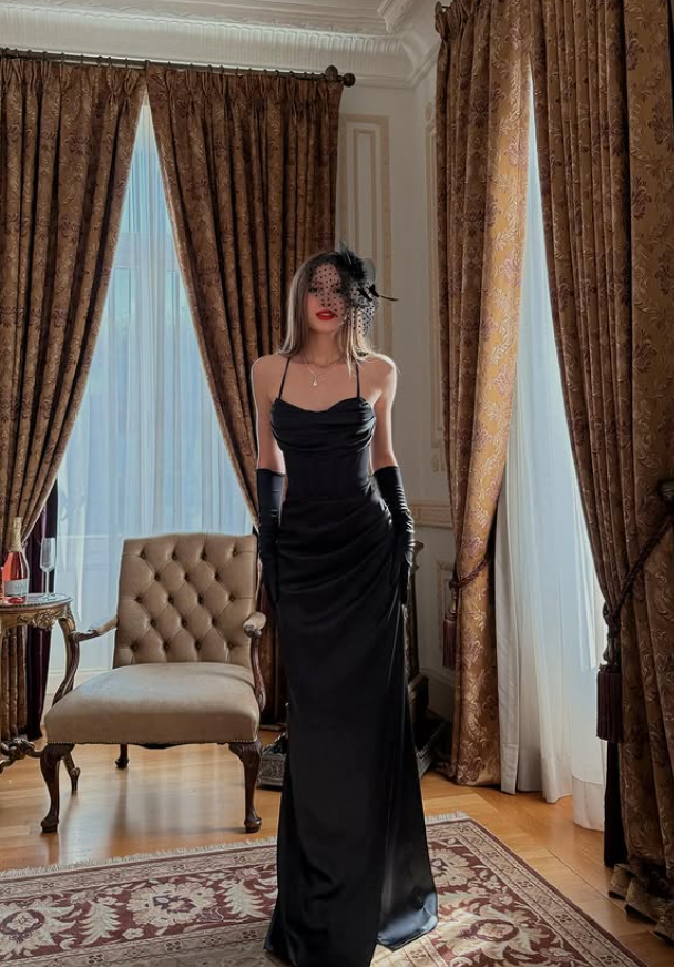 Elegant Black Sheath Spaghetti Strap Satin Long Evening Dress Prom Dress SH4832