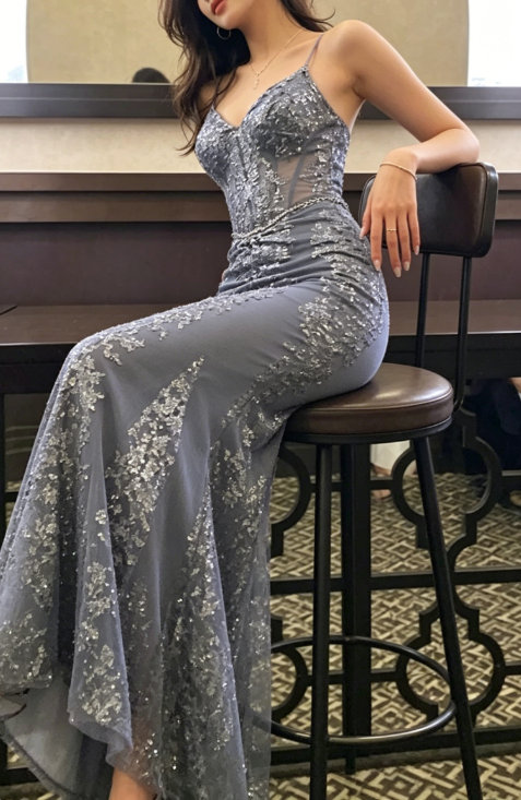 Charming V Neck Lace Mermaid Prom Dress Long Evening Dress SH1384