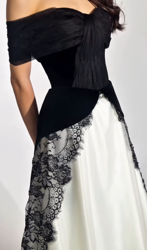 Classic Black-white A Line Straps Velvet Satin Lace Prom Dress Evening Dress SH6757