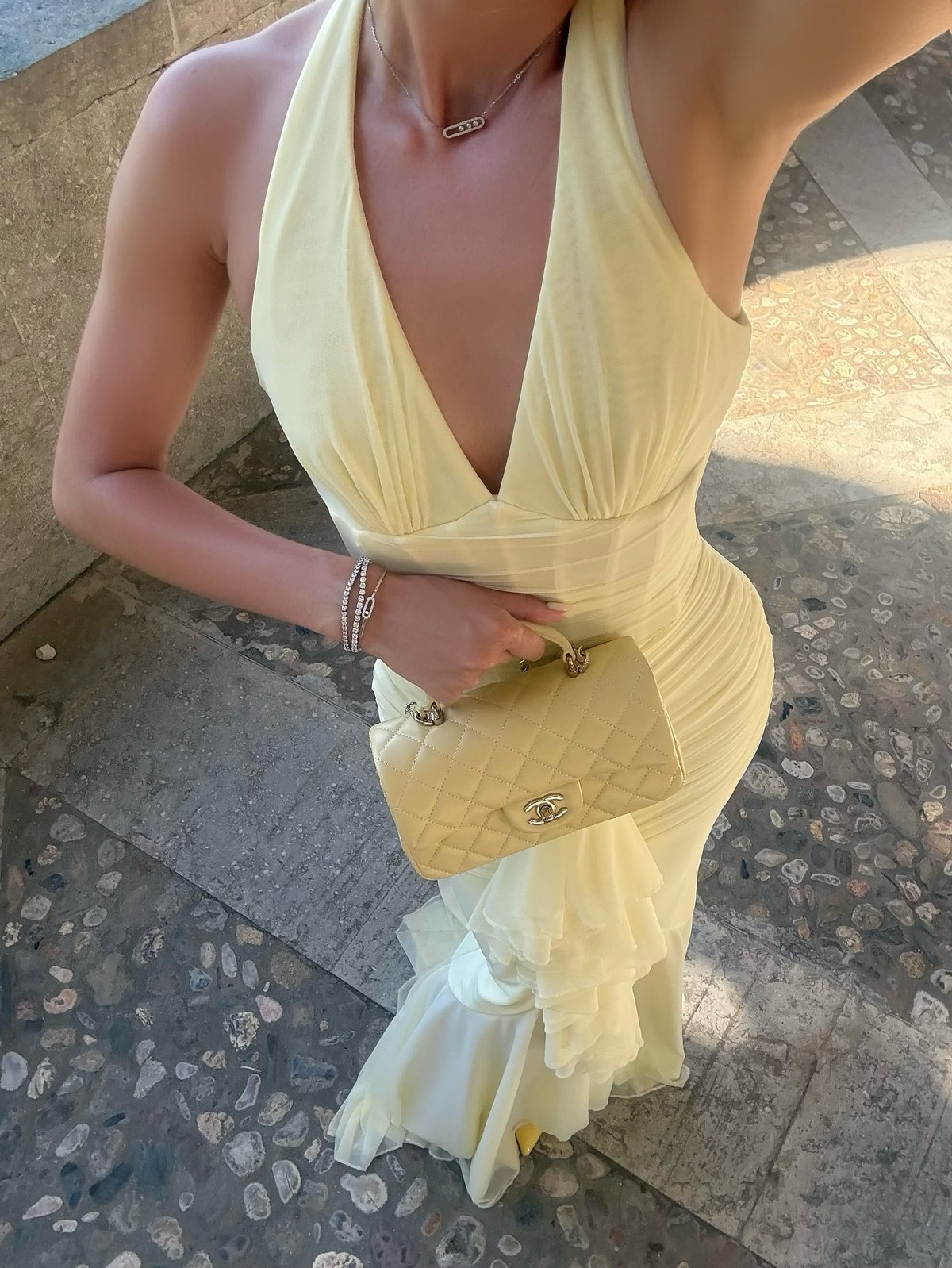 Light Yellow Mermaid Halter Corset Chiffon Long Prom Dress Evening Dress SH8567