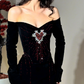 Sexy Black A Line Long Sleeve Exquisite Red Beaded Velvet Long Prom Dress Evening Dress SH6749