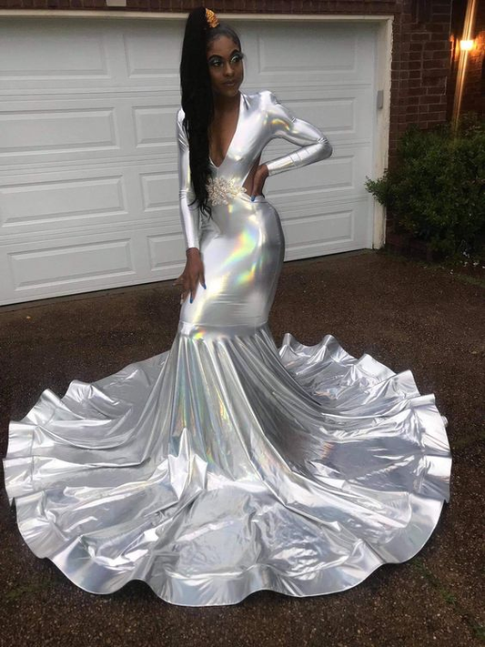 Gorgeous Silver Long Sleeves Mermaid Evening Dress Prom Dress SH1269