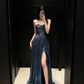 Shiny Blue A Line Sweetheart Neck Sequin Long Prom Dress Evening Dress with Slit SH5109