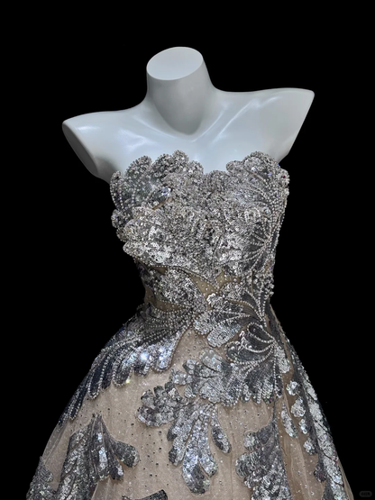 Silver Layered Sequin A Line Sweetheart Neck Apricot Tulle Long Prom Dress Evening Dress SH5007