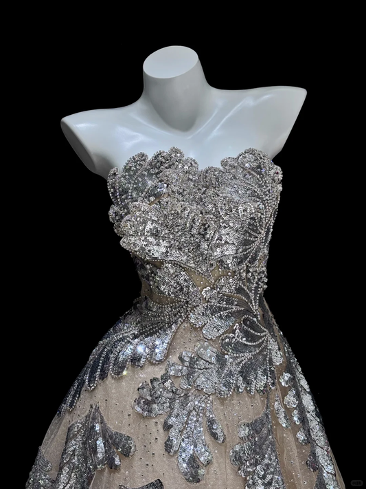 Silver Layered Sequin A Line Sweetheart Neck Apricot Tulle Long Prom Dress Evening Dress SH5007