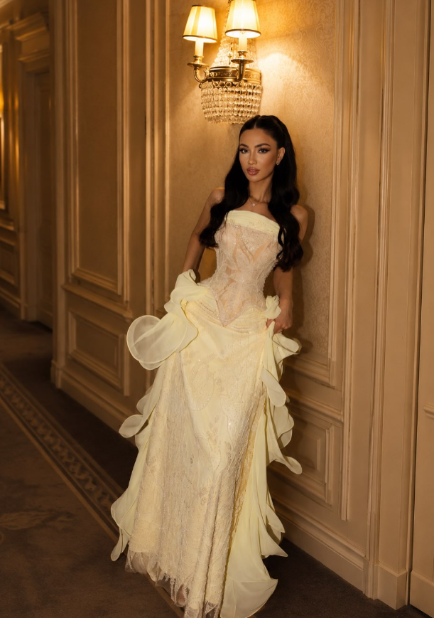 Pretty Yellow A Line Strapless Lace Chiffon Prom Dress Evening Dress SH6433