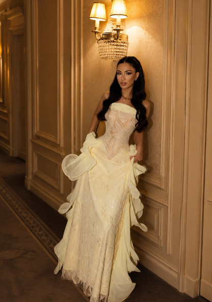 Pretty Yellow A Line Strapless Lace Chiffon Prom Dress Evening Dress SH6433